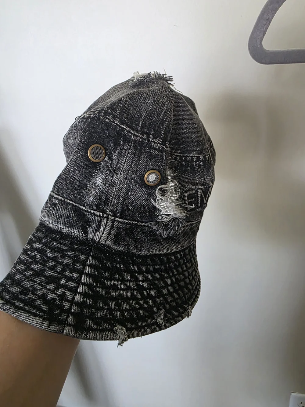 Emotionz Distressed Denim Bucket Hat Black Acid Wash Frayed Grunge Y2K One Size